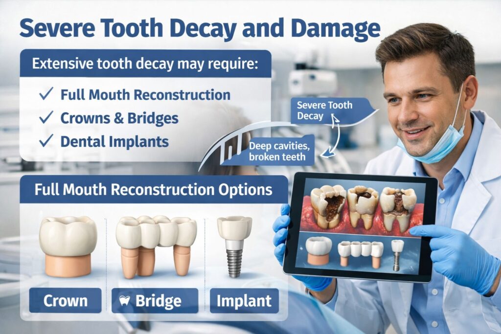 severe tooth decay and damage is sign of full mouth reconstruction
